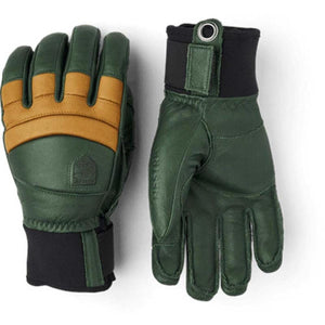 Hestra green and tan leather ski gloves with black cuffs