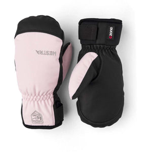 Hestra pink and black CZone mittens with adjustable wrist straps