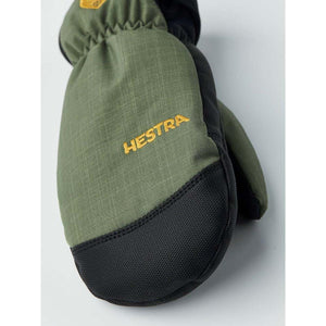 Hestra olive green mitten with black textured palm and embroidered logo