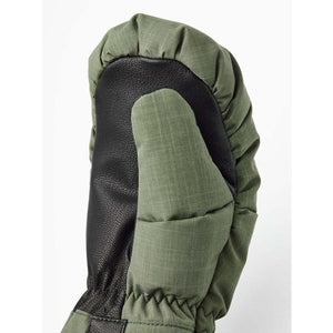 Hestra olive green mitten with black leather palm detail