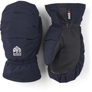 Hestra navy blue mittens with black leather palms and CZone branding