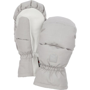 Hestra grey insulated mittens with white leather palms