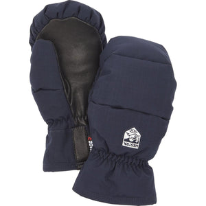 Hestra navy blue insulated mittens with black leather palms