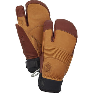 Hestra three finger leather ski mittens in tan and brown