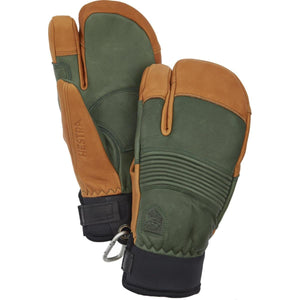 Hestra green and tan leather three finger ski mittens