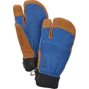 Hestra blue and tan leather three finger ski mittens