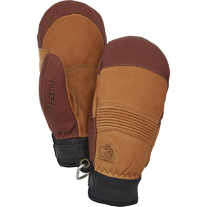 Hestra brown and tan leather mittens with ribbed detailing and black cuffs