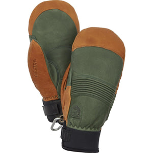 Hestra green and tan leather mittens with black cuffs and carabiner