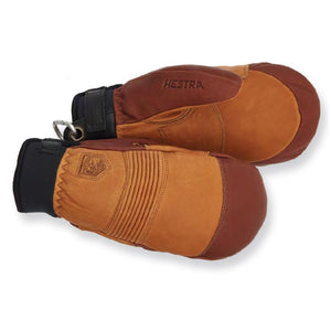 Hestra leather mittens in tan and brown with black cuffs