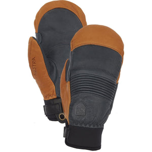 Hestra brown and black leather mittens with ribbed detailing