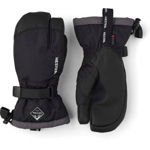 Hestra black three finger ski gloves with adjustable wrist straps and CZone branding