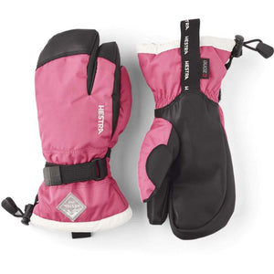 Hestra pink and black three finger ski mittens with adjustable wrist straps and drawstring cuffs