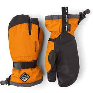 Hestra orange and black three finger ski mittens with adjustable wrist straps