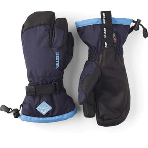 Hestra navy and black three finger ski gloves with adjustable wrist straps and blue trim