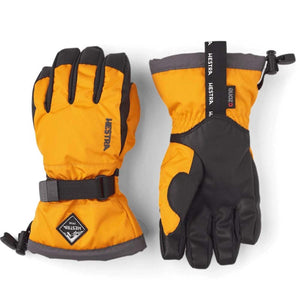 Hestra orange and black winter gloves with wrist strap and CZone branding