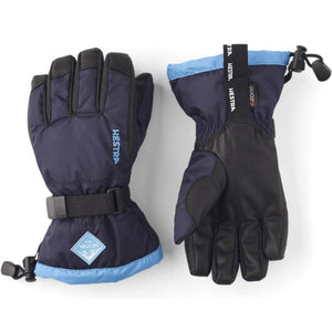 Hestra navy and black insulated ski gloves with adjustable wrist straps and blue trim