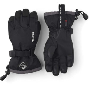 Hestra black CZone ski gloves with adjustable wrist straps and pull cords