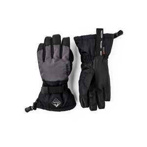 Hestra black and grey insulated winter gloves with adjustable wrist straps