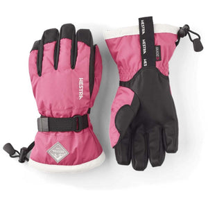 Hestra pink and black insulated ski gloves with adjustable wrist straps and drawstring cuffs
