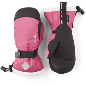 Hestra pink and black insulated winter mittens with adjustable wrist straps