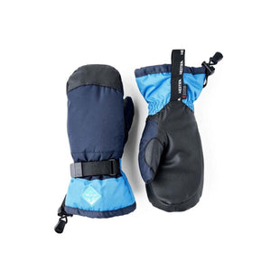 Hestra blue and navy CZone mittens with adjustable wrist straps and pull tabs