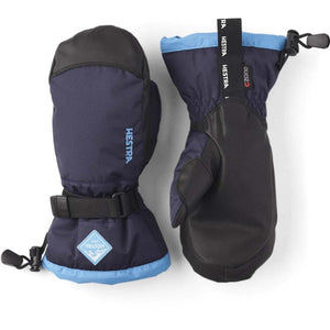 Hestra navy and black insulated winter mittens with adjustable wrist straps
