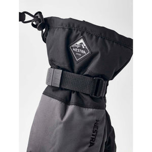 Hestra black winter glove with adjustable wrist strap and logo patch