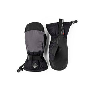 Hestra black and grey winter mittens with adjustable wrist straps and logo branding