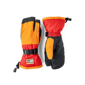 Hestra orange and red three finger ski mittens with black palm and wrist strap