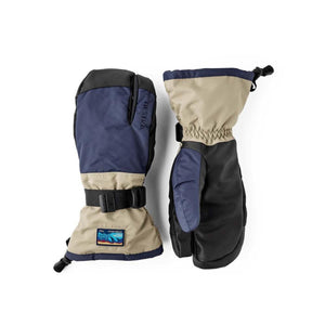 Hestra three finger ski mittens in navy and tan with adjustable wrist straps