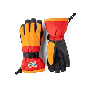 Hestra orange and red winter gloves with black accents