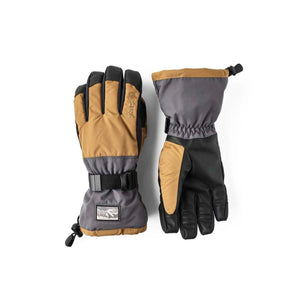 Hestra brown and grey insulated winter gloves with adjustable wrist straps