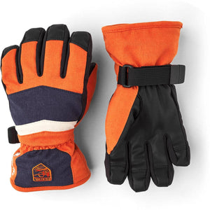 Hestra orange and black insulated ski gloves with adjustable wrist straps