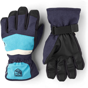 Hestra navy and blue insulated winter gloves with black palm grip and adjustable wrist strap