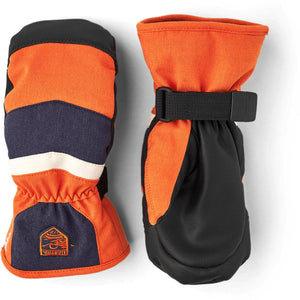 Hestra orange and black winter mittens with adjustable wrist strap