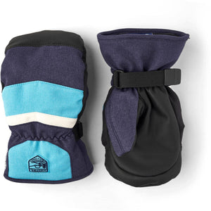 Hestra navy and blue winter mittens with adjustable wrist straps