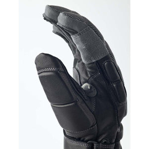Black leather motorcycle glove with reinforced palm padding and textured finger grip