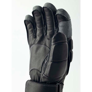 Hestra black leather ski glove with protective padding on knuckles and fingers