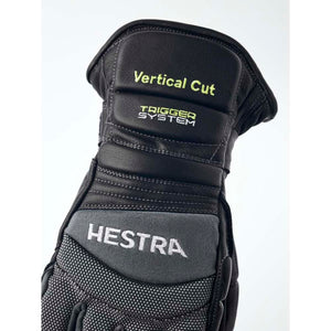 Hestra black leather glove with Vertical Cut and Trigger System branding