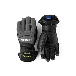 Hestra black leather and grey fabric ski gloves with trigger system
