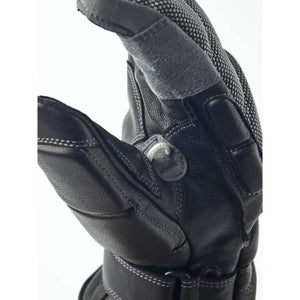 Close up of Hestra black leather glove palm and thumb detail