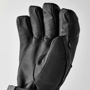 Black leather three finger ski glove with reinforced stitching