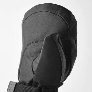 Hestra black leather mitten with adjustable wrist strap