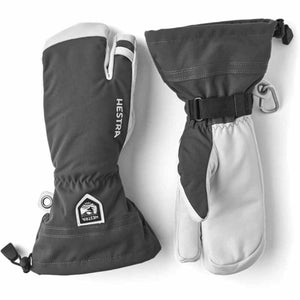 Hestra grey and white three-finger ski mittens with adjustable wrist straps and carabiner