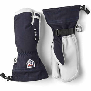 Hestra navy and white three finger ski mittens with adjustable wrist straps and drawstring cuffs