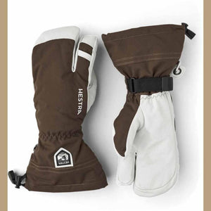 Hestra brown and white three finger ski gloves with adjustable wrist straps
