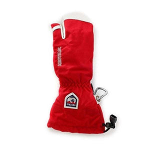 Hestra red three finger ski glove with white leather palm and carabiner attachment