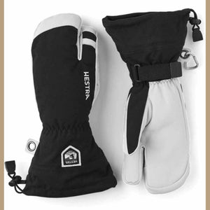 Hestra black and grey three finger ski mittens with adjustable wrist straps and drawstring cuffs