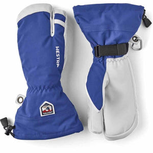 Hestra blue and grey three-finger ski mittens