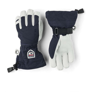 Hestra navy and grey leather ski gloves with adjustable wrist straps